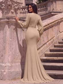 Women's Solid Color Pleated Elegant Waist-Cinching Evening Dress - Champagne - View 2