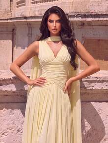 Women's Solid Color Pleated Elegant Waist-Cinching Cocktail Party Dress - Yellow - View 3