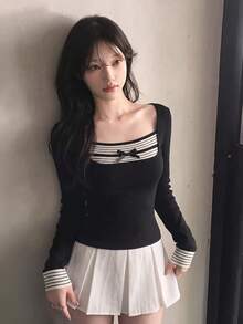Women's Sexy Bowknot Decor Long Sleeve Sweater - Black - View 3