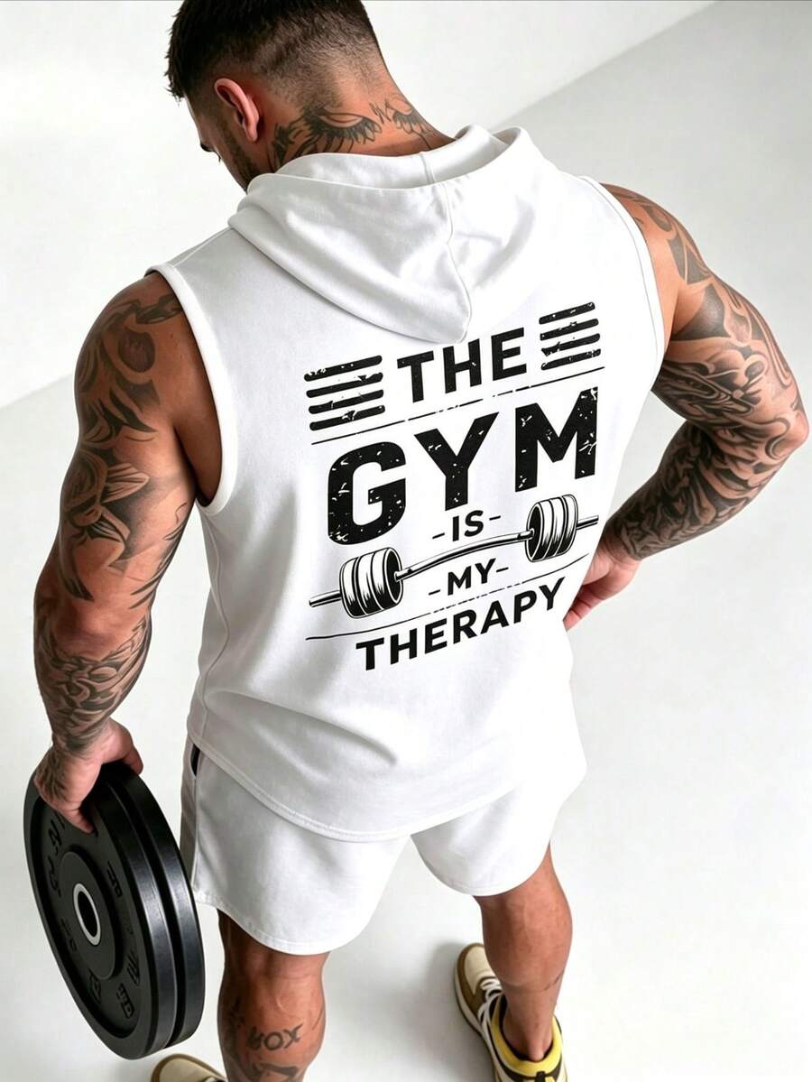 ZYNTH BALENO 男士休閒啞鈴印花連帽背心，適合日常穿著與四季運動，黑色夏季款