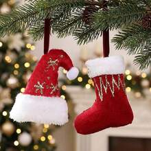 New Christmas Socks Holiday Decor Red & White Christmas Hat Gloves Gift Bag Christmas Tree Small Hanging Ornament - Multicolor - View 3