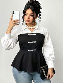 Women's Plus Size Contrast Color Frog Button Design Ruffle Hem Blouse - Black and White - View 3