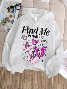 Girls' Fresh Pastoral Style Letter & Floral Print Hoodie Sweatshirt With Personalized Print Loose Wide Leg Pants, 2-Piece Set For Autumn/Winter - Light Grey - View 4