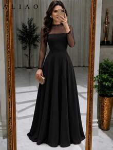 Spring/Autumn French Vintage Court Style Black Sheer Mesh A-Line Maxi Dress, Elegant Wedding Party Formal Gown - Black - View 4