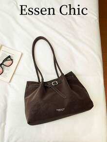 1pc Coffee Brown PU Leather Tote Bag With Strap Decor, Large Capacity Solid Color Shoulder Bag For Women - Coffee Brown - View 6