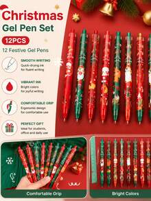 12 PCS Cartoon Christmas Gel Pen Set, Assorted Styles, 0.5mm Black, Back-To-School Season, Exam Practice Pens, Christmas Gift, New Year Gift - Multicolor - View 2
