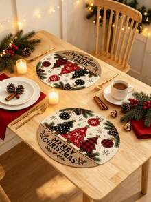 1/2/4pcs Christmas Placemats, Christmas Tree, Christmas Ball And Pine Cone Elements, Round Design, Linen Material, Suitable For Christmas Decoration, Family Gathering Party, Table Decor, Holiday Decor, Indoor Decor. - Multiple Styles - View 5