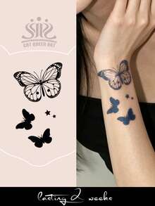 1pc Herbal Juice Semi-Permanent Magic Tattoo Sticker, Star & Butterfly Pattern, Long-Lasting 14 Days, No Fading, Non-Reflective, Temporary Tattoo Sticker For Arm, Shoulder, Neck, Collarbone, Waist, Abdomen, Leg And Body - Blue - View 1