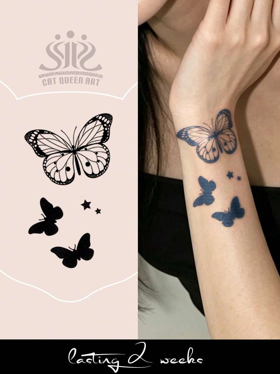 1pc Herbal Juice Semi-Permanent Magic Tattoo Sticker, Star & Butterfly Pattern, Long-Lasting 14 Days, No Fading, Non-Reflective, Temporary Tattoo Sticker For Arm, Shoulder, Neck, Collarbone, Waist, Abdomen, Leg And Body - Blue - View 1