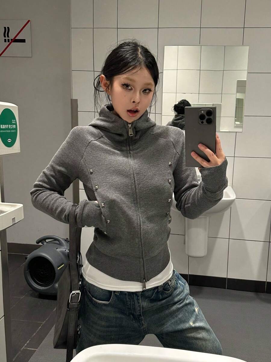 Women's American Street Style Rivet Slim Fit Cinched Waist Hooded Zip-Up Sweatshirt Jacket, Autumn New Design - Grey - View 1