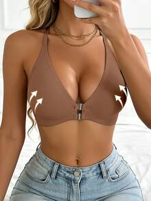 1 buah Bra Push-Up Wanita Tanpa Jahitan dengan Penutup Depan, Leher V, Desain Garis Punggung & Bahu Halus, Cocok untuk Kencan, Bepergian, atau Pesta - Coklat - View 3