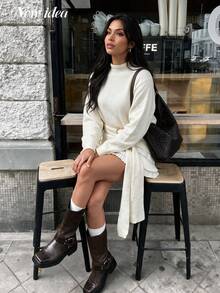 NEW IDEA Women's Casual Off‑White Fall Winter Sweater, Knit Top With Metal Buckle Belt And Lace Hem Splicing For Daily, Commute, Dating, Going Out - Apricot - View 5