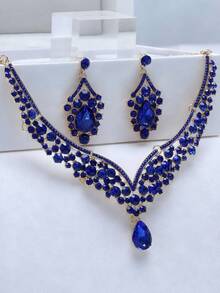 3-Pcs Women Bridal Wedding Deep Blue Necklace & Earrings Set, Elegant Wedding & Party Jewelry Accessories - Royal Blue - View 2