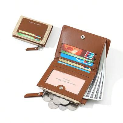 Women's Bi-Fold PU Woven Clutch Wallet, Multiple Card Slots, ID Window, Zipper Coin Pocket, Portable Small Wallet