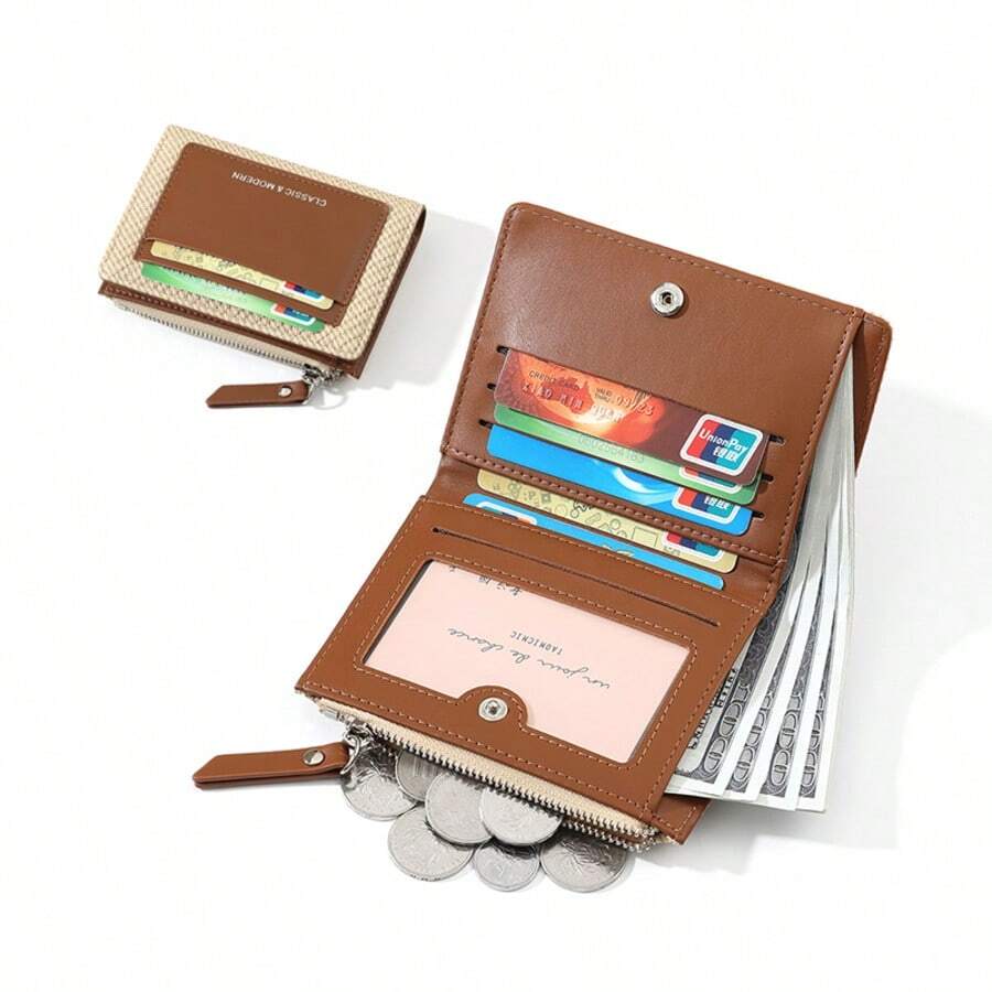 Women's Bi-Fold PU Woven Clutch Wallet, Multiple Card Slots, ID Window, Zipper Coin Pocket, Portable Small Wallet