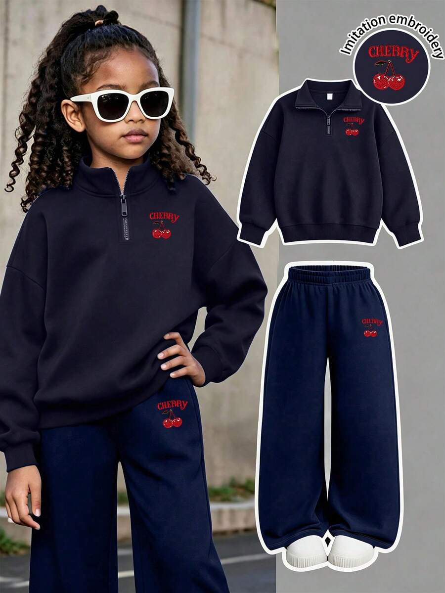 2pcs Set Suitable For Girls And Tween GirlsHalf-Zip Sweatshirt And Wide Leg Pants, Loose Fit Stand Collar Sweatshirt With Applique Embroidery Red Cherry Pattern And Loose Wide Leg Pants Matching Set, Suitable For Autumn/Winter Daily Wear - Multicolor - View 1