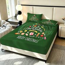 3-Piece Fitted Sheet Set (1 Fitted Sheet + 2 Pillowcases), Green Christmas Tree Holiday Print Design, Soft And Skin-Friendly, All-Season Use, Fade-Resistant And Anti-Pilling, Suitable For Bedroom, Dorm, Guest Room, Daily Use, Ideal Holiday Gift - Multicolor - View 8