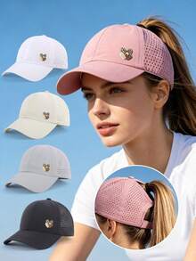 1 pieza Gorra de béisbol de malla transpirable de secado rápido de unicolor con orificio para coleta, gorra de béisbol ajustable, deportes al aire libre - Multicolor - Ver 1
