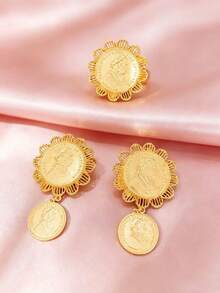 1 Necklace, 1 Pair Earrings, 1 Bracelet, 1 Ring Fashion Women's Round Portrait Gold Pendant Jewelry Set 4pcs Middle East Dubai Europe America Africa Bride Wedding Banquet Dress Accessories Dating Valentine's Day Mother's Day Halloween Christmas Holiday Gift Daily Wear - Yellow Gold - View 3