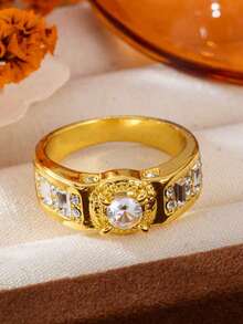 1PC Business Men's Fashion Luxury Personalized Round White Cubic Zirconia Ring, Wedding Engagement Party Jewelry Gift - Gold - View 6