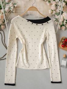 Women's Autumn/Winter Polka Dot Asymmetric Collar Long Sleeve Sweater - Apricot - View 6