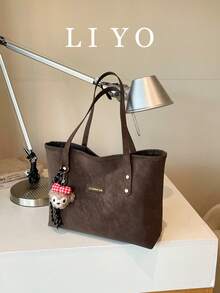 Vintage Faux Leather Tote Bag With Cute Plush Doll Pendant, Large Capacity Shoulder Handbag For Women, Suitable For Daily Commute - Coffee Brown - View 2