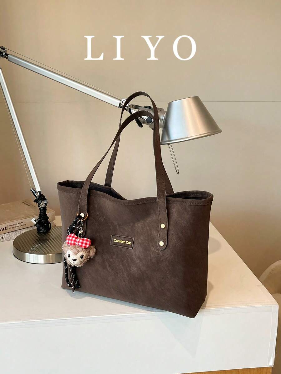 Vintage Faux Leather Tote Bag With Cute Plush Doll Pendant, Large Capacity Shoulder Handbag For Women, Suitable For Daily Commute