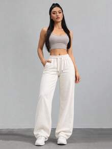Women High Waist Wide Leg Pants Loose Fit Casual Trousers With Drawstring Waist Solid Color Pants For Everyday Outfit. - White - View 10
