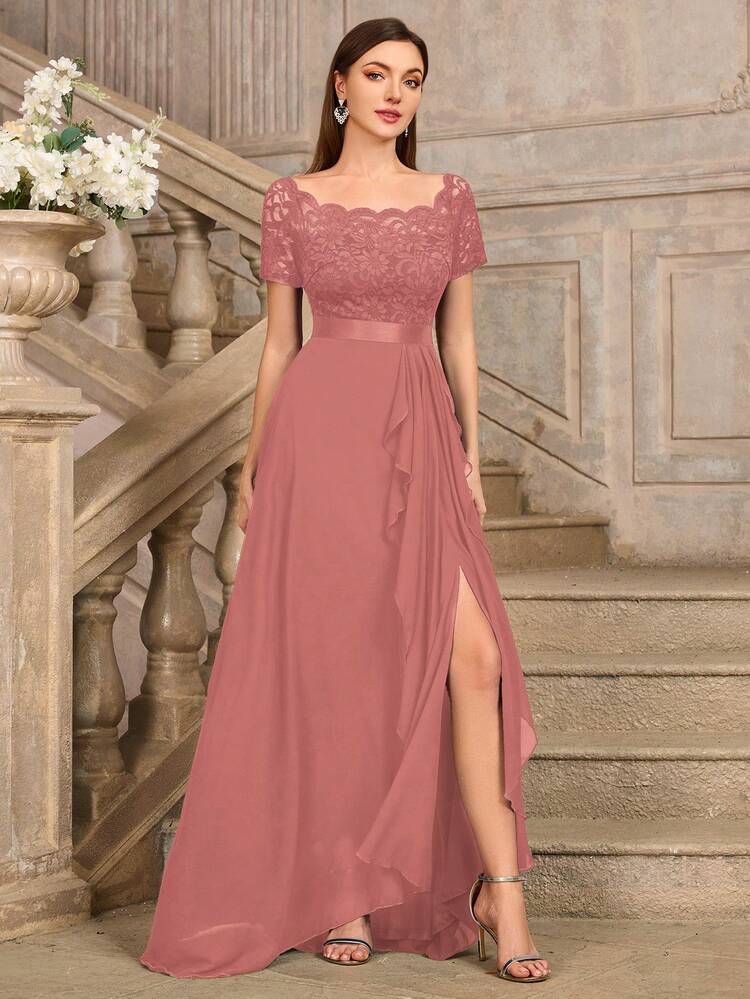 MIUSOL Boat Neck Floral Lace Patchwork Chiffon Ruffle Hem Evening Party Wedding Guest Maxi Dress - Dusty Pink - View 4