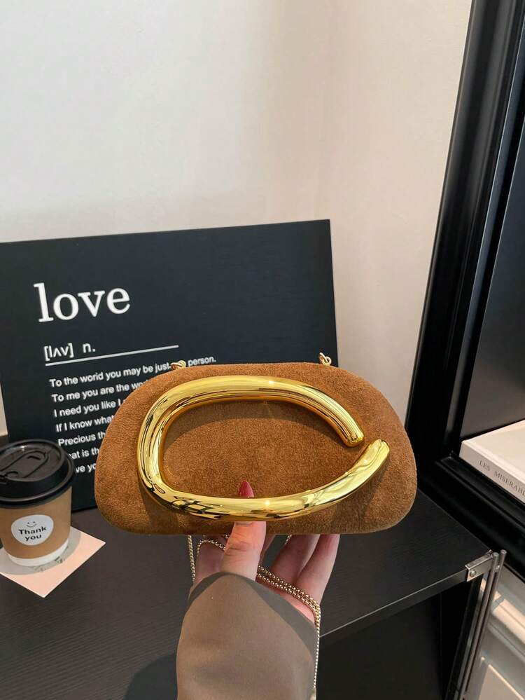 Women's Evening Clutch Bag, Suede Material, Large Curved Gold Metal Buckle, Hard Shell, Portable, Luxurious And Elegant, Suitable For Weddings, Balls, Parties, Holiday Night Outings - Brown - View 8