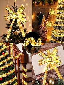 Christmas Gold Foil Star Organza LED Fairy Light String, Battery Powered, Flexible Translucent Mesh Fabric For Christmas Tree And Bow Decoration - Gold Ribbon - View 9