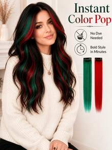 6pcs Red & Green Dual-Color Clip-In Hair Extensions, Quick Clip-In Colored Straight Hair Pieces, One-Piece Invisible Hair Clip, Easily Add Layers, Suitable For Halloween, Christmas, Party, Festival And Daily Styling - Multicolor - View 3