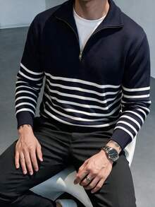 Men's Striped Half-Zip Stand Collar Knit Polo Shirt, Light Business Casual Long Sleeve Top - Black - View 3