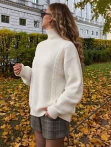 minisummer Women Fall Casual Cream High Neck Cable Knit Pullover, Textured Waffle Splice Loose Fit Long Sleeve Knitted Sweater - White - View 2