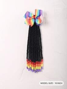1pc Kids Wig, With Colorful Bow Clip, Fluffy Cute Short Ponytail, Decorated With Colorful Beads At The Ends, Suitable For Daily Wear And Parties. - Black - View 3
