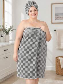1pc/2pcs - Checkerboard Pattern Bath Towel & Hair Drying Cap, Bath Towel Size 90*170 Cm, Matching Checkerboard Pattern Hair Drying Cap, Soft And Thick, Quick-Drying. Classic Checkerboard Appearance, Skin-Friendly Fabric, No Shedding. Multiple Colors Available, Home Bathing, Combining Aesthetics And Practicality. - Multicolor - View 8