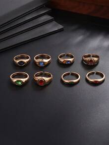 8 buah Cincin Emas Batu Permata Berwarna-warni Bertekstur Vintage, Cincin Pita Lebar Bergaya Antik dengan Rhinestone Berwarna-warni, Aksesori Perhiasan Tangan Unisex yang Dapat Ditumpuk dan Dipersonalisasi - Emas - View 5