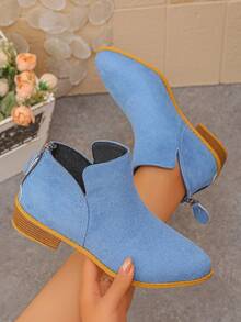 Women's Comfortable Round Toe Suede V-Cut Back Zipper Low Heel Blue Ankle Boots, Casual Style, New Autumn/Winter Daily Wear - Blue - View 2
