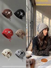Multi-Color Four-Pointed Star Jacquard Slouchy Beanie, Unisex Autumn/Winter Drawstring Hooded Knitted Hat, Korean Style Slouchy Look, Ear-Protective Warm Pullover Cold Weather Hat, 1pc Women's Winter Hat - Multicolor - View 12