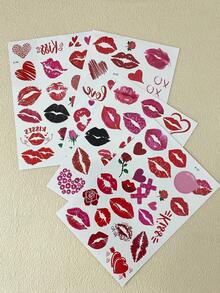 4 Sheets Lips And Mouth Pattern Temporary Tattoo Stickers, Waterproof Flower, Rose, Heart Tattoo Stickers, Suitable For Face, Neck, Arm Wedding Party Body Decor, Red Lips Body Stickers For Valentine's Day Body Art, Fake Tattoo For Women And Men - Red - View 4