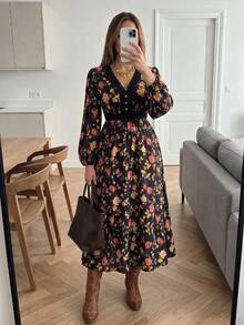 Rusttydustty Women's Vintage V-Neck Patchwork Lace Trim Floral Print Cinched Waist Long Dress, Autumn Women's Dress, Street Vintage Clothing - Black - View 2