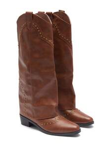 Okurime. Vintage Brown Rivet High Shaft Boots, French Style Women's Thick Heel Versatile Western Cowboy Boots - Brown - View 2