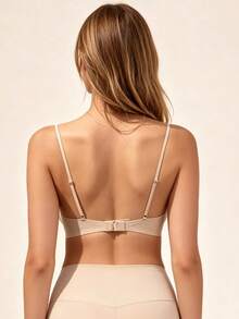 Lilivine Bra wanita tanpa jahitan dengan tali spaghetti, model U-shaped low-back bandeau tak terlihat, bra push-up setengah cup tanpa kawat yang bernapas, untuk pemakaian sehari-hari. - Khaki - View 2