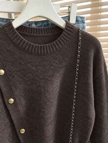 Elegant Women's Grey Long Sleeve Sweater, Rib-Knit With Stylish Asymmetrical Design And Gold Button Embellishments For Fall Winter - Brown - View 4