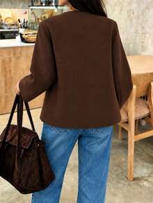 Women's Casual Wool Blend Winter Jacket, Elegant Retro Coffee Color Short Style, Simple Solid Color Loose Fit, Suitable For Daily Outings, Store Visits And Commuting - Brown - View 7