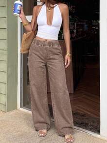 Women's Plus Size Washed Denim Loose Long Jeans, Elastic Waist Design, Non-Stretch Vintage Casual Pants - Brown - View 7