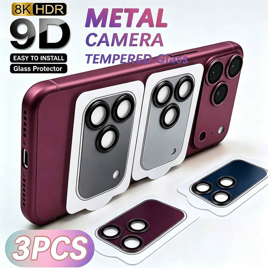 XINHONGYU 3 قطع فيلم حماية زجاج مقسى لعدسة الكاميرا متوافق مع 18Pro Max/18Pro تغطية كاملة لفيلم العدسة - (أحمر كرزي عميق/برتقالي/فضي/أزرق اختياري) - 3 قطع - مشاهدة 1
