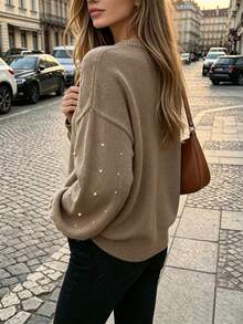 Solid Color Round Neck Beaded Casual Loose Knit Pullover Top - Light Brown - View 3
