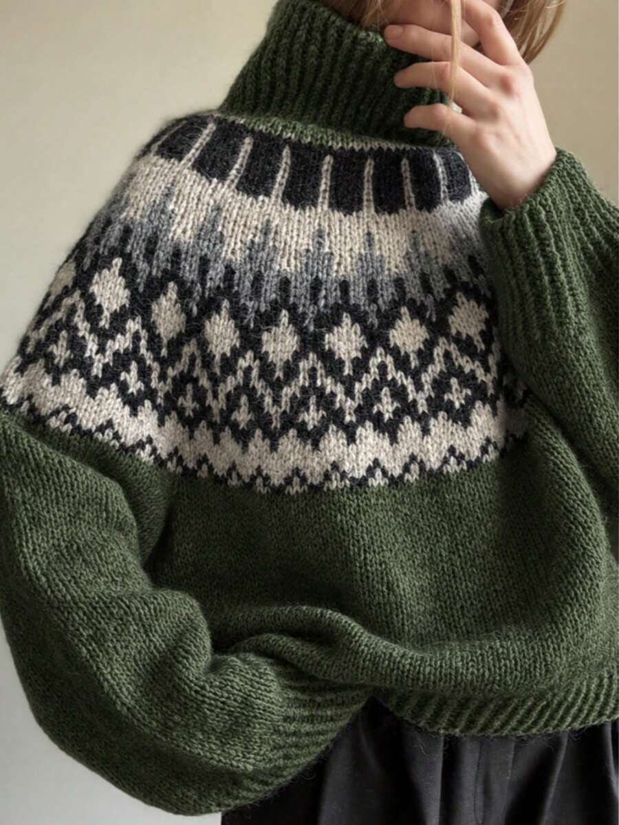 Island Pattern High Neck Long Sleeve Sweater, Loose Drop Shoulder Design, Fall Clothes For Women,Fall, Autumn Outfits For Women,Fall Clothes ,Autumn Clothes Fall Decorfall Outfits ,Autumn Outfit - Dark Green - View 1