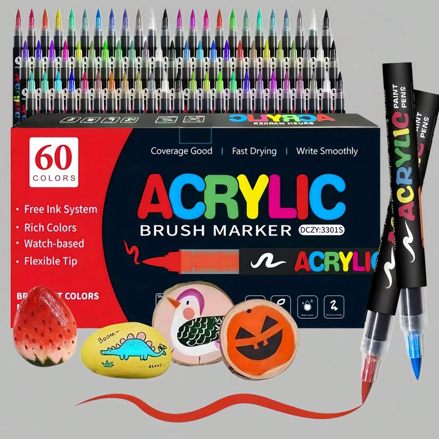 12-60 Colors Acrylic Paint Marker Set, Soft Tip, Non-Bleeding, Suitable For Painting, Doodling And Layering, Applicable To Stone, Glass, Ceramic, Metal, Wood And Other Materials, Perfect Gift For Friends, Back To School Gift, DIY Crafts - Multiple Styles - View 1